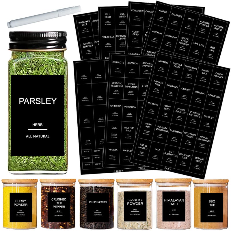 GPOVVIMX 191 Spice Jar Labels Preprinted Minimalist Stickers - Matte Black Waterproof Label - Fit Round or Rectangle Spice Jars - Herb Seasoning Kitchen Pantry Labels - Image 1